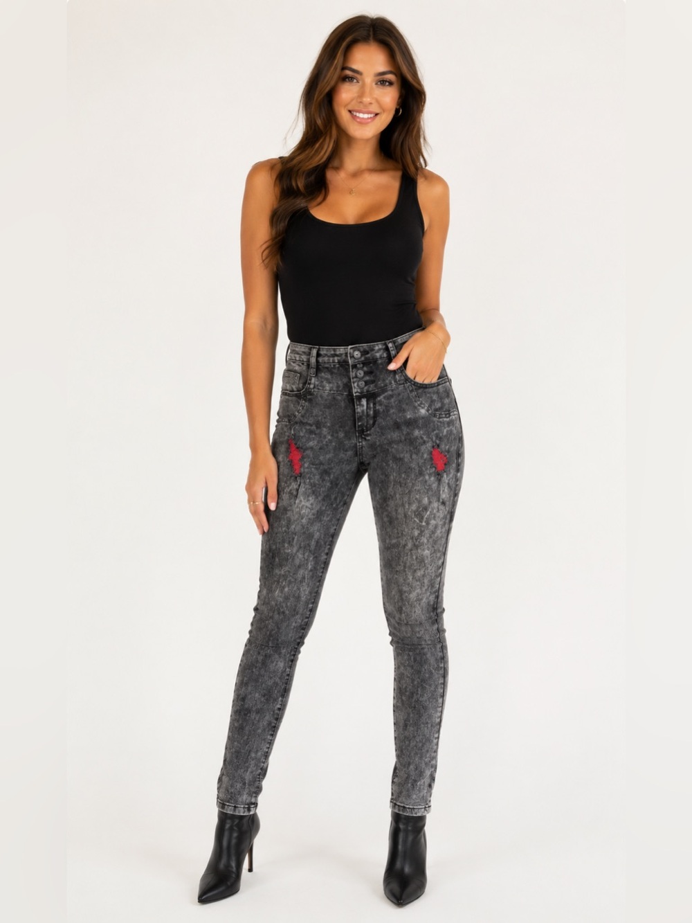 Hot Topic LOVEsick Black Acid Wash Skinny Jeans Red Accent Rips